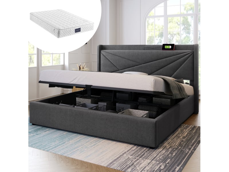  Lit coffre 140 × 200 cm 2 places avec usb, type-c, tête de lit rembourrée et rangement, avec matelas, gris  - Conforama B
