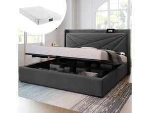 Lit coffre 140 × 200 cm 2 places avec usb, type-c, tête de lit rembourrée et rangement, avec matelas, gris