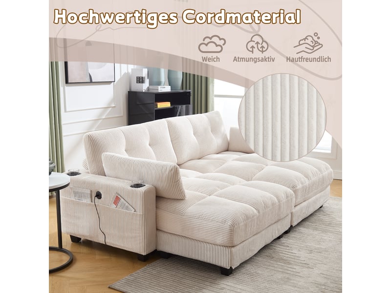  Canapé modulable 2 places en velours côtelé beige 224x140x81 cm, séparable, usb, porte-gobelets, coussins 224x140x81cm - Conforama E