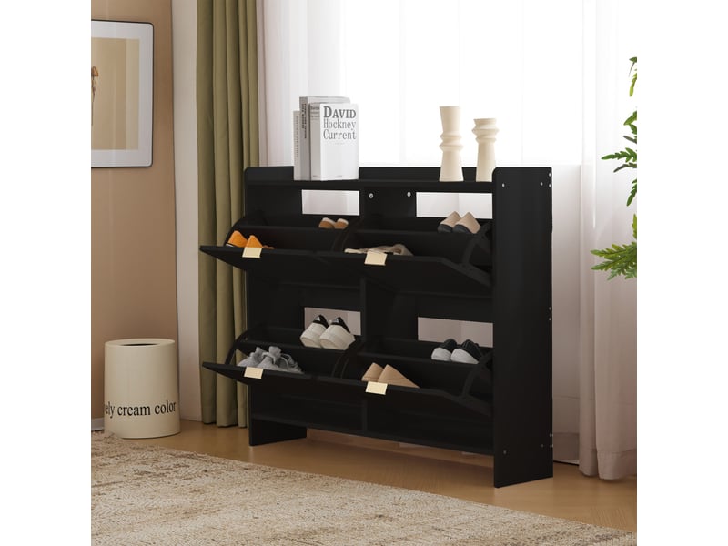  Meuble à chaussures ultra-plat arche médiévale, 4 abattants, étagères ouvertes réglables, porte-parapluie, 110 x 90 x 24 cm, blanc ou noir  - Conforama D