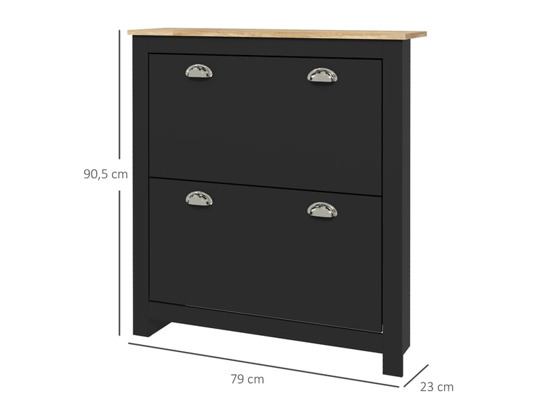  Armoire à chaussures 2 portes abattantes 2 compartiments poignées coquilles métal 79 x 23 x 90,5 cm noir chêne  - Conforama D