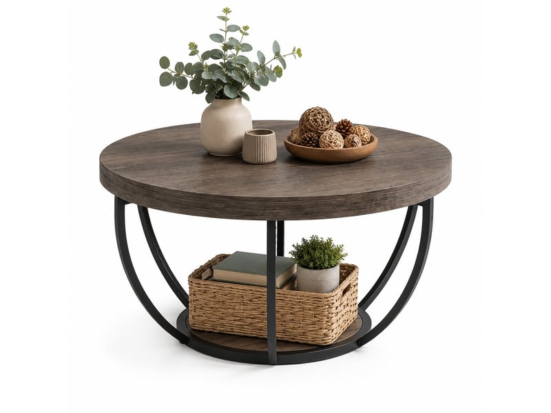  Table basse ronde à 2 niveaux avec structure métallique à 6 arches pour salon en bois gris  - Conforama A