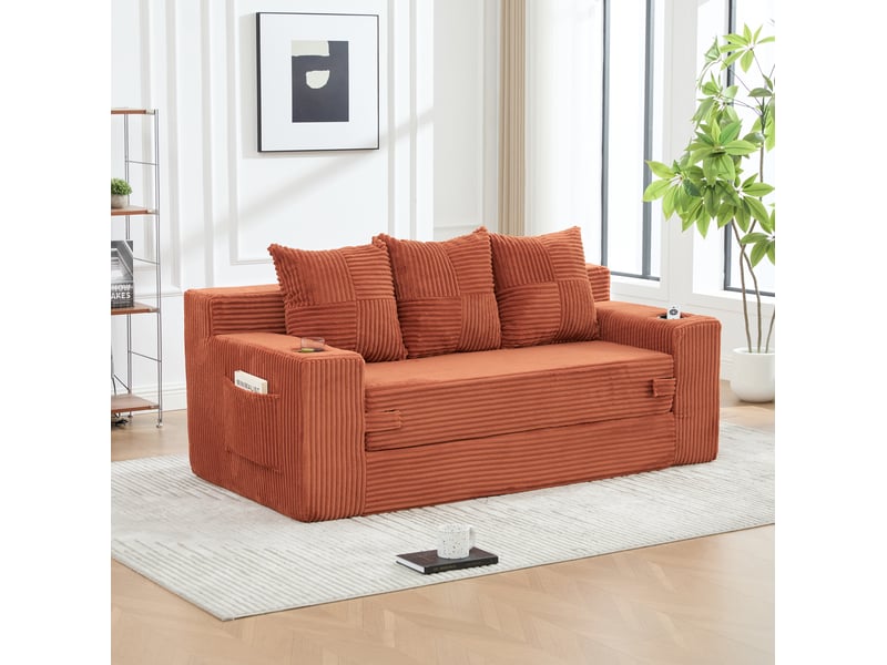  Canapé modulable 3 places modenvie en velours côtelé orange avec porte-gobelets et poches latérales 172 x 87 x 64 cm  - Conforama B