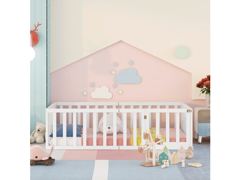 Modenvie lit enfant au sol 90x200 cm - barrière en pin massif et porte, sans sommier - blanc  - Conforama D