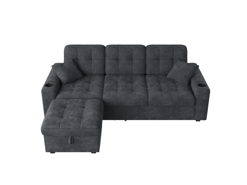  Canapé droit 3 places 194,5x133x83 cm avec 2 tiroirs, pouf de rangement, led, charge rapide, tissu chenille noir  - Conforama A