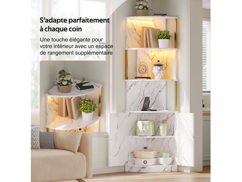  Buffet haut d'angle 38x38x180 cm – blanc – led, prises, 2 portes et rangement gain de place en mdf  - Conforama E