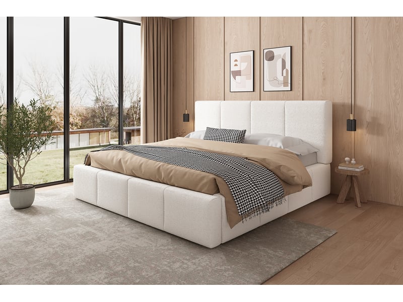Lit double 180x200 cm avec tête de lit rembourrée en tissu bouclette beige et sommier inclus - Conforama B