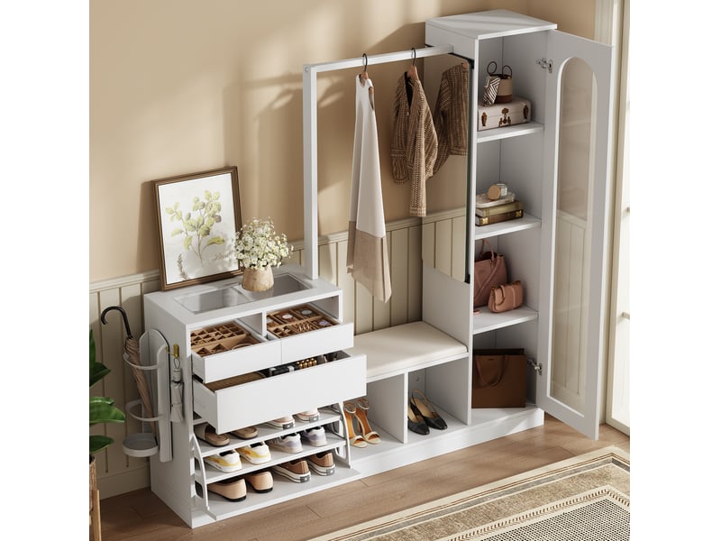  Ensemble d'entrée 163x35x161 cm, led, vitrine, meuble à chaussures et miroir, meuble bureau et salon, aggloméré, blanc  - Conforama E