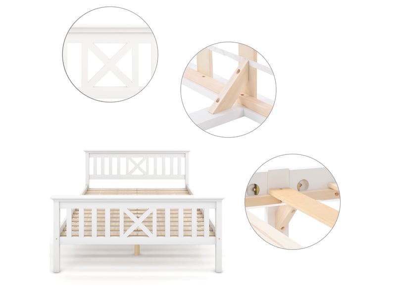  Lit simple 90 × 200 cm avec rangement sous lit, tête de lit en x, sans matelas, en bois massif, blanc  - Conforama E