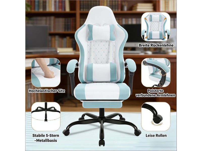Chaise de bureau ergonomique pivotante avec massage lombaire, dossier inclinable, tissu mesh, bleu et blanc, 70x70x127 cm - Conforama E