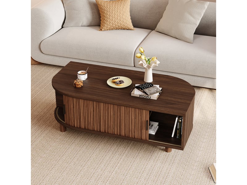  Table basse 100x50x35cm avec 2 portes coulissantes et rangement, pieds en bois, mdf, charge maximale 30kg, effet noyer evarich - Conforama E