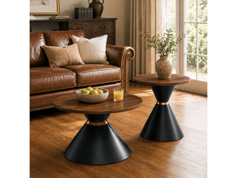  Tables basses gigognes rondes avec base conique en métal, plateau effet noyer, pour salon, chambre et bureau  - Conforama E