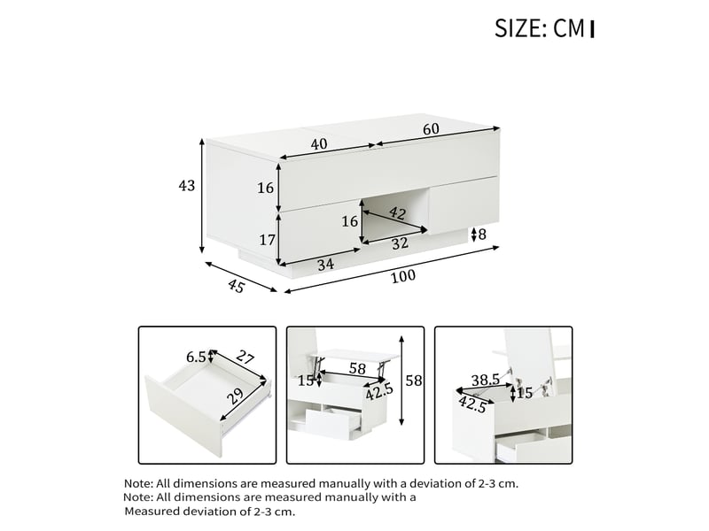  Table basse relevable 100 x 45 x 43 cm avec 2 tiroirs, plateau relevable, éclairage led, rangement caché, blanc brillant  - Conforama E