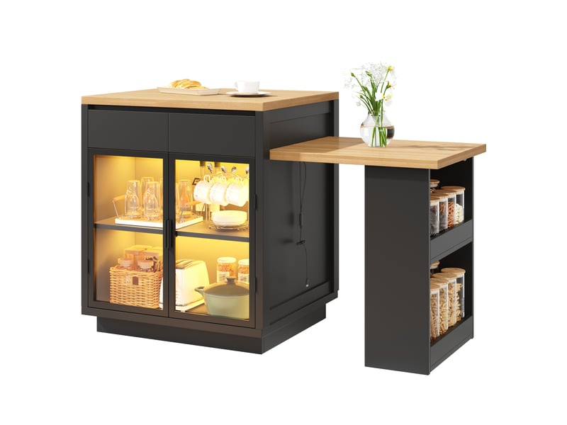  Îlot de cuisine extensible 122–194,5 cm noir, led, 2 tiroirs, portes vitrées  - Conforama D