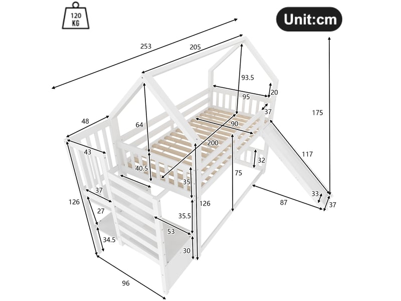  Lit superposé enfant 90x200 cm avec toboggan, escalier de rangement, blanc  - Conforama C