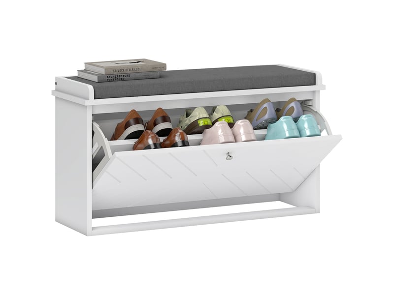  Meuble à chaussures avec banc, étagères réglables et coussin rembourré pour 8 paires de chaussures, 80 x 26 x 48 cm, blanc  - Conforama A