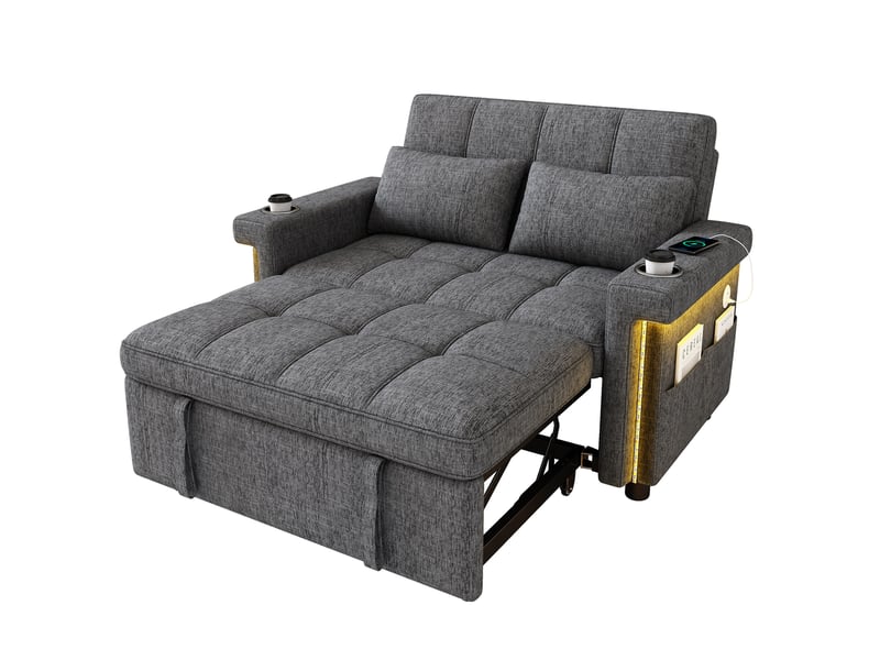  Canapé convertible 2 places modenvie avec éclairage led, ports usb et type-c, dossier réglable, tissu chenille gris, 145 x 141,5 x 90 cm  - Conforama A