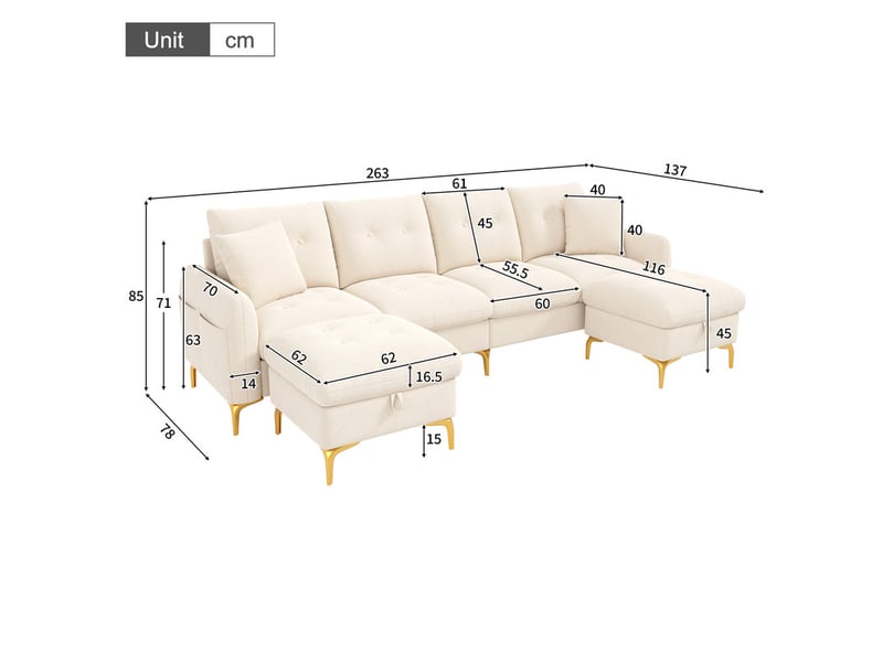 Canapé d'angle moderne ,4 places, avec 2 tabourets de rangement et 2 coussins décoratifs ,263×137×85 cm,beige  - Conforama C