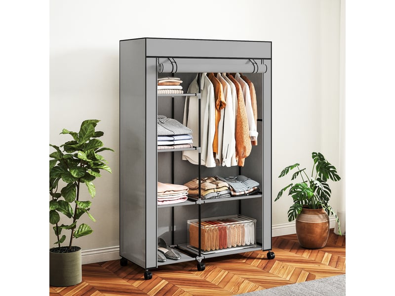  Armoire penderie en tissu meuble de rangement 6 roulettes tringle à vêtements et étagères ouvertes 103x43x162,5cm gris  - Conforama B