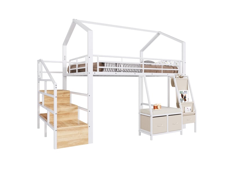  Lit mezzanine 140x200 cm en métal avec rangements en tissu, tiroirs, placards intégrés à l’échelle et éclairage led, avec tiroirs de rangement - blanc  - Conforama A