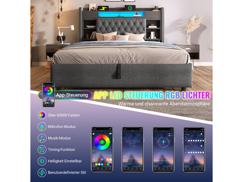  Lit coffre 140x190 cm, lit double, rangement hydraulique, étagères, led, lin gris, usb et usb-c  - Conforama R