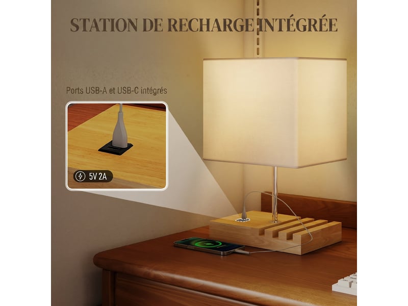  Lampe de chevet avec usb a+c, lampe de table moderne, 3 supports pour téléphone, blanc, ampoules non incluses  - Conforama A