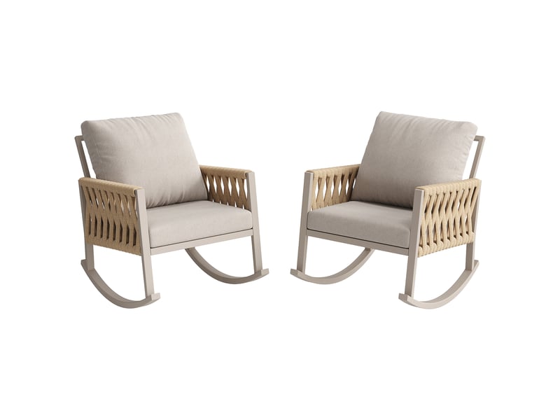 Fauteuil à bascule extérieur 1 ensemble tissage croisé structure métal anti-intempéries coussins confortables max 120 kg jardin terrasse beige  - Conforama R