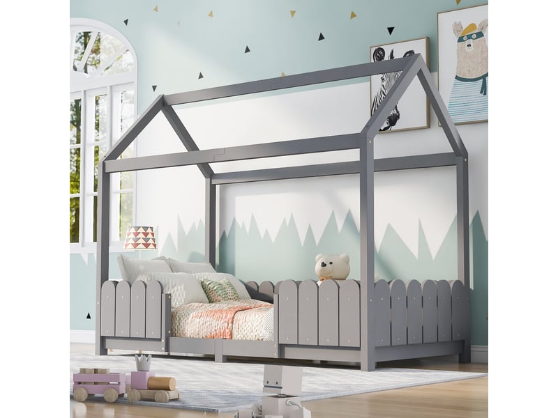  Lit cabane 90x200 enfant bois massif gris avec barrière de sécurité et sommier à lattes  - Conforama W