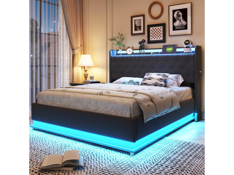  Lit capitonné led 140*200 cm avec usb, rangement hydraulique et éclairage multicolore, lin gris confort  - Conforama D