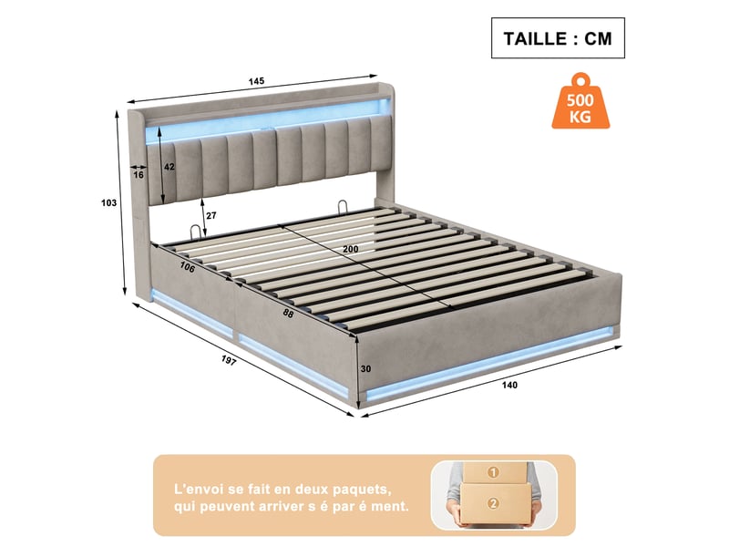  Lit rembourré 140 x 190 cm avec rangement, lit double avec éclairage led et port usb, lit hydraulique avec tête de lit et sommier à lattes, lit pour adolescent, velours, gris 250616WXL0602#ADnSpHWFN4DELLM - Conforama E
