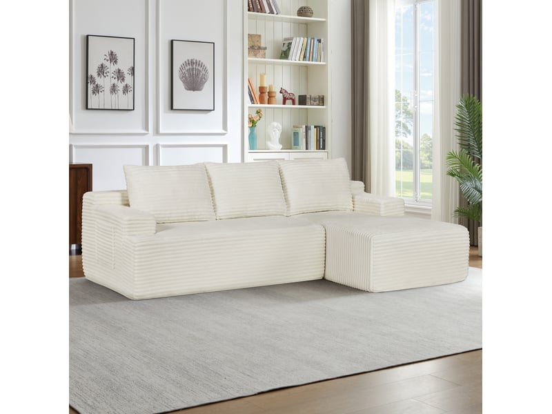 Canapé d’angle 4 places 238x152x66 cm en velours côtelé beige  - Conforama W