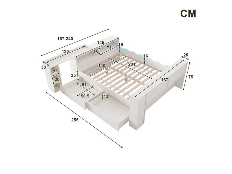  Lit combiné 140 × 200 cm avec bureau coulissant, 2 tiroirs, prises et led Fay Lum - Conforama C