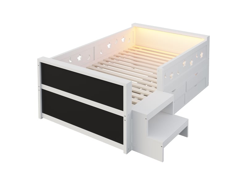 Lit simple enfant 90x200 cm - 4 tiroirs et rangement - tête de lit led - tableau noir, marchepied et barrières - blanc - Conforama W