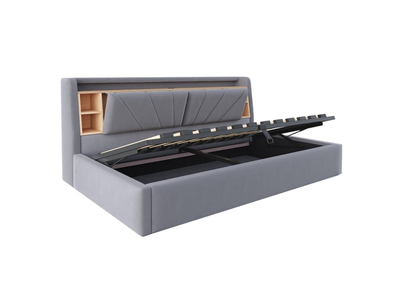  Lit coffre rembourré 90 x 200 cm – avec étagères – avec espaces de rangement – ​​avec éclairage led et port usb – gris foncé (matelas non inclus)  - Conforama W