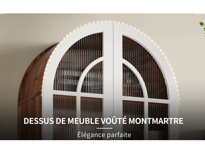  Lot de 2 vitrines cintrées, coloris noyer et blanc, 76 × 38,5 × 165 cm chacun, mdf, métal et verre, 3 niveaux, pieds bois tournés  - Conforama D