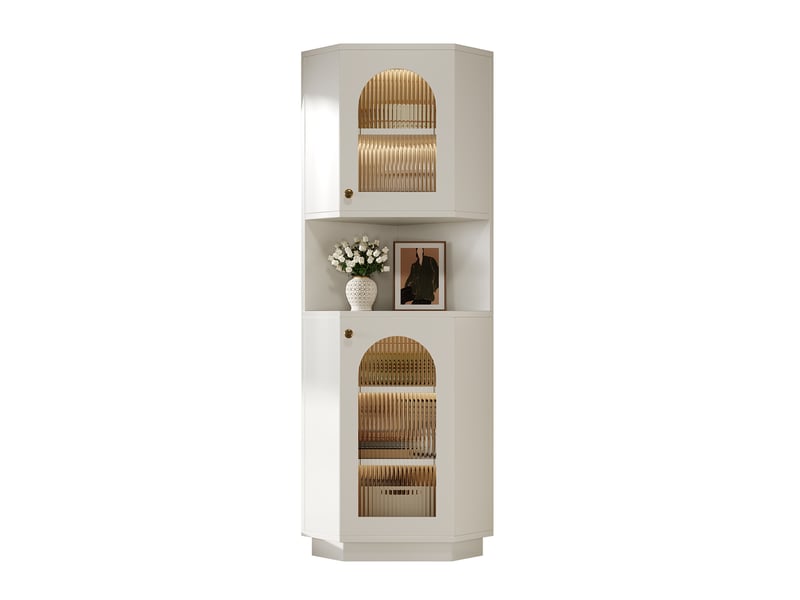 Meuble de rangement d'angle blanc avec éclairage led et verre texturé - Conforama A