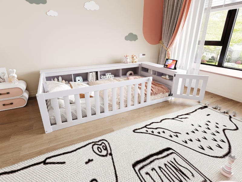Lit enfant avec rangement, 90x200, en bois massif blanc, barrière de sécurité et sommier à lattes - Conforama W