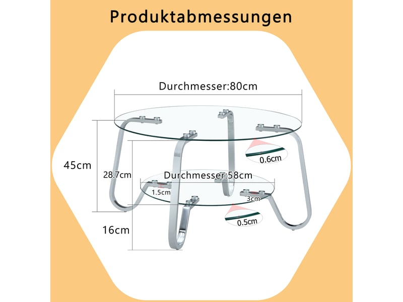 Table basse ronde avec 2 plateaux en verre trempé et structure en métal argenté pour salon, 90,5 × 89 × 10,5 cm - Conforama E