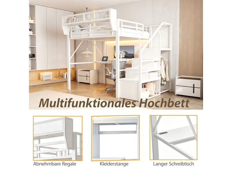 Lit mezzanine 140x200 cm avec bureau 2 m - rangement flexible - échelle de sécurité - led multicolore - blanc  - Conforama R