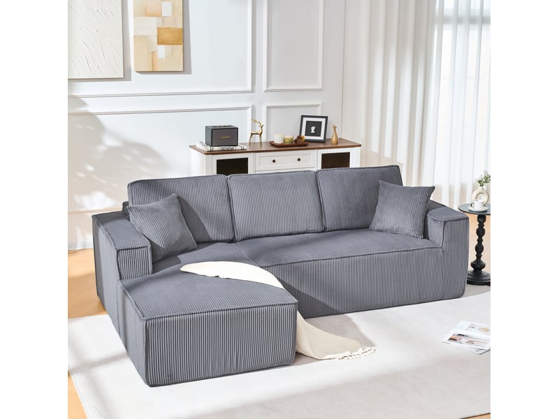  Canapé d'angle 3 places gris en velours côtelé, modulable avec méridienne, idéal pour votre salon au quotidien  - Conforama B
