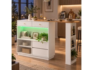 Îlot de cuisine 120x30x100 cm plateau extensible tiroirs portes de rangement éclairage led étagères en verre blanc