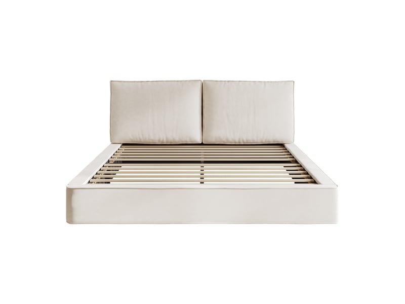  Lit double 180x200 cm, lit rembourré, sommier à lattes, tête de lit rembourrée, tissu chenille beige  - Conforama B
