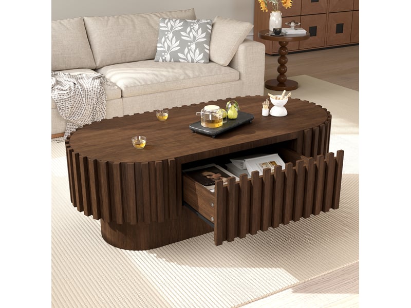 Table basse ovale avec tiroir 100x50x35,5 cm en mdf coloris noyer - Conforama W
