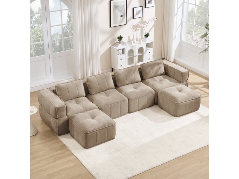  Canapé 4 places - 344x162x67cm - canapé panoramique en u avec 2 poufs repose-pieds en mousse 32d sans cadre - sable  - Conforama C