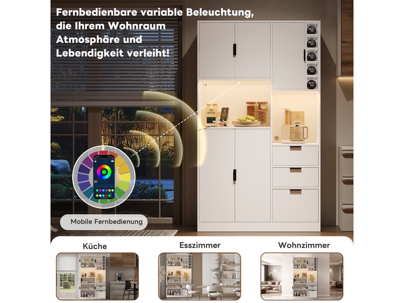  Buffet de cuisine haut 180x105x40 cm, meuble rangement grande capacité avec 3 tiroirs, étagères modulables et éclairage led intégré pour salle à manger spacieuse  - Conforama W