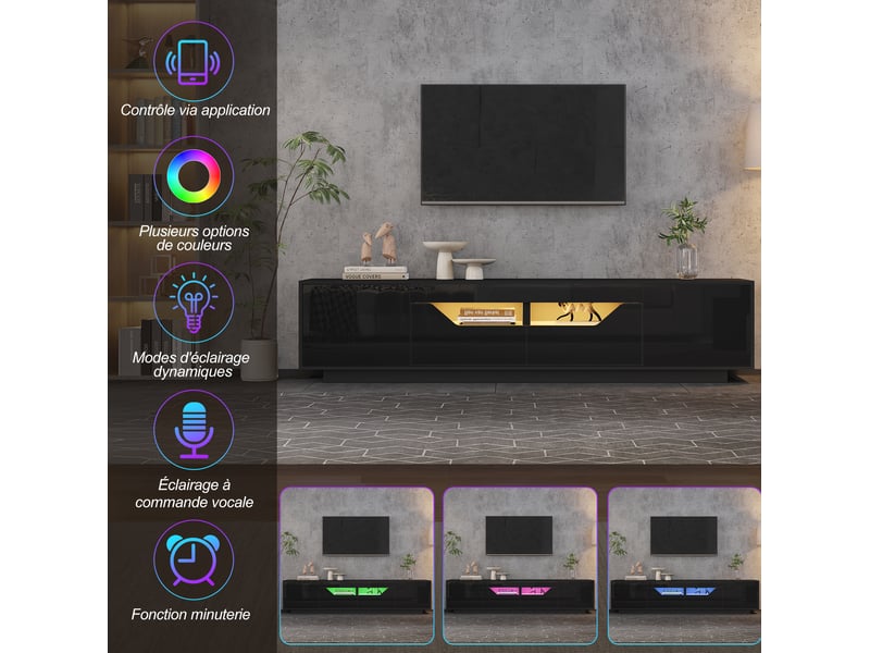  Meuble tv bas 180x40x45 cm avec 2 tiroirs, 2 portes de rangement et éclairage led, panneau particules, noir brillant  - Conforama E