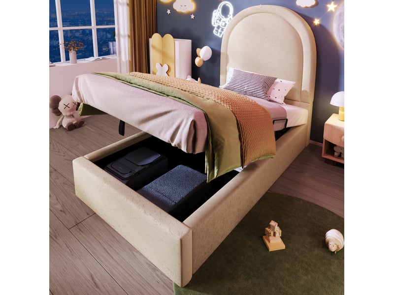  Modenvie lit coffre enfant 90x200 cm - rangement intégré, tête de lit en pu, sans matelas - beige  - Conforama E