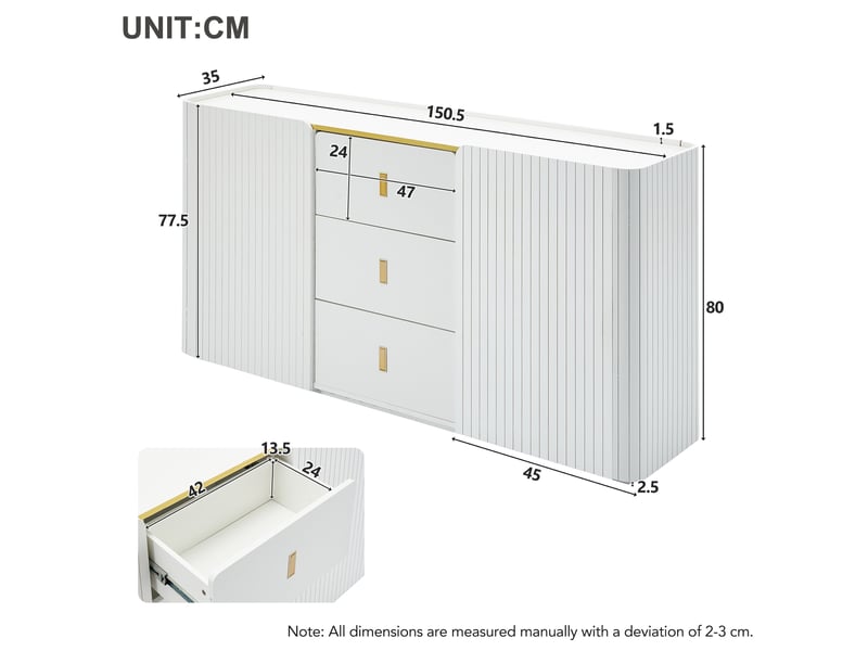  Buffet 2 portes 3 tiroirs avec led 150x35x80 cm blanc  - Conforama C