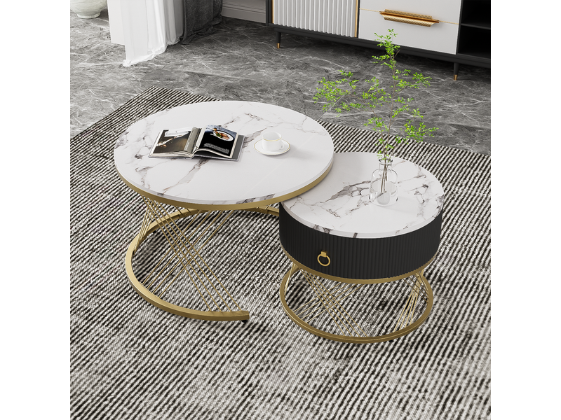  Lot de 2 tables basses rondes 70x70x45 cm + 50x50x40 cm motif marbre, blanc et doré  - Conforama B