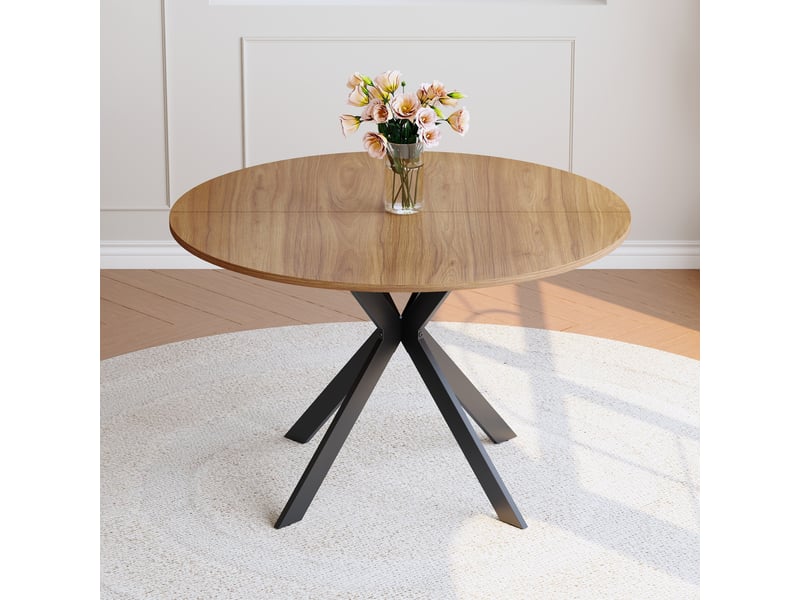 Table à manger ronde 110 cm, table de cuisine, mdf décor noyer, basse métal noir  - Conforama B